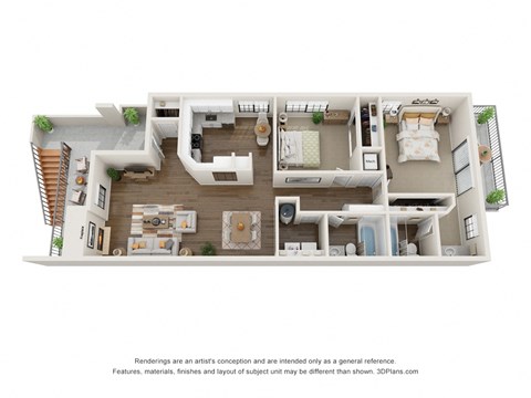 Floor plan for 2 beds, 2 baths, 1056 sqft